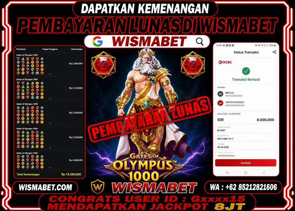 Wismabet - BUKTI KEMENANGAN Gates Of Olympus 1000 M*** Rp8,000,000,- LUNAS